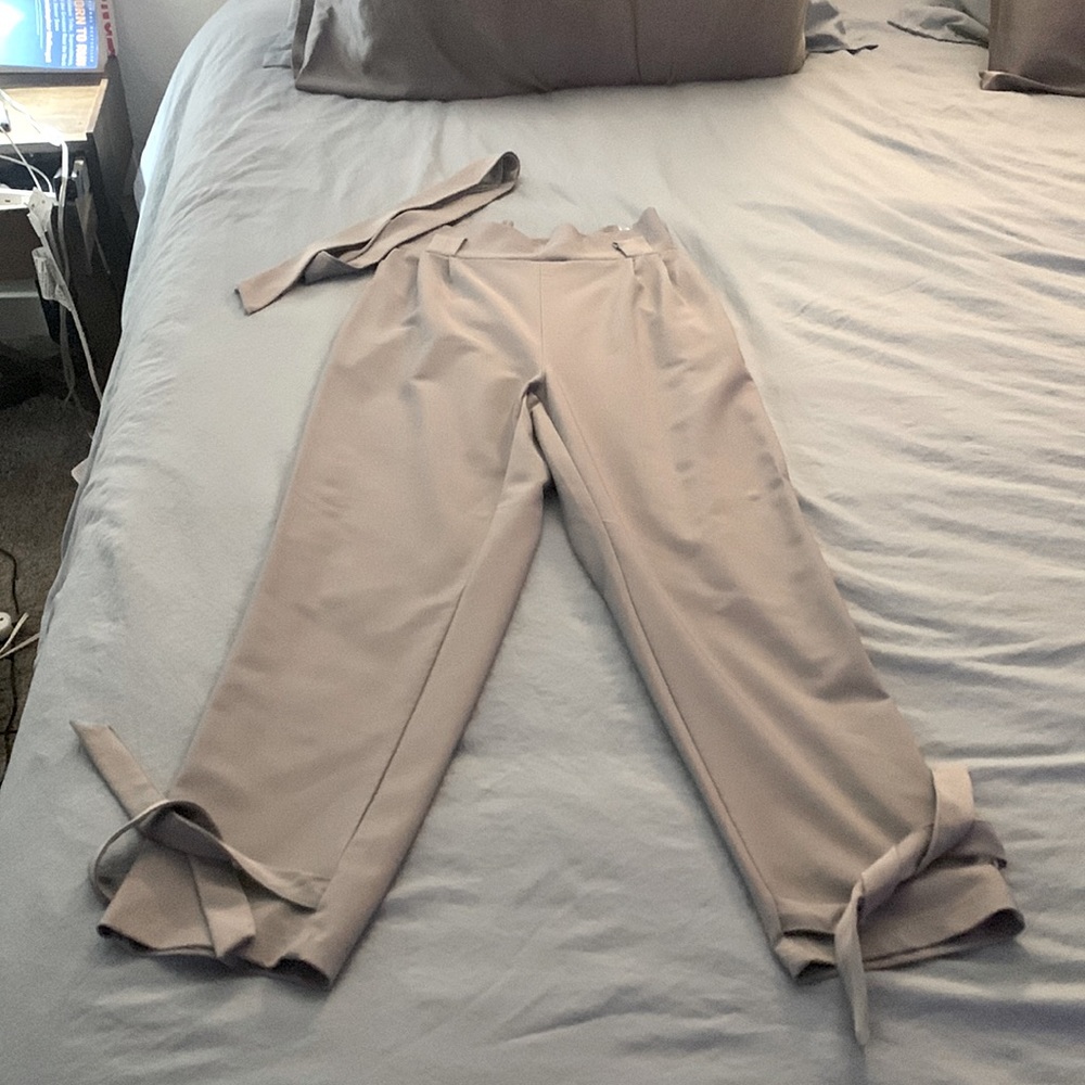 Grace Karin High-Waist Paper Bag Ankle Pants, Size Small, Light Gray
